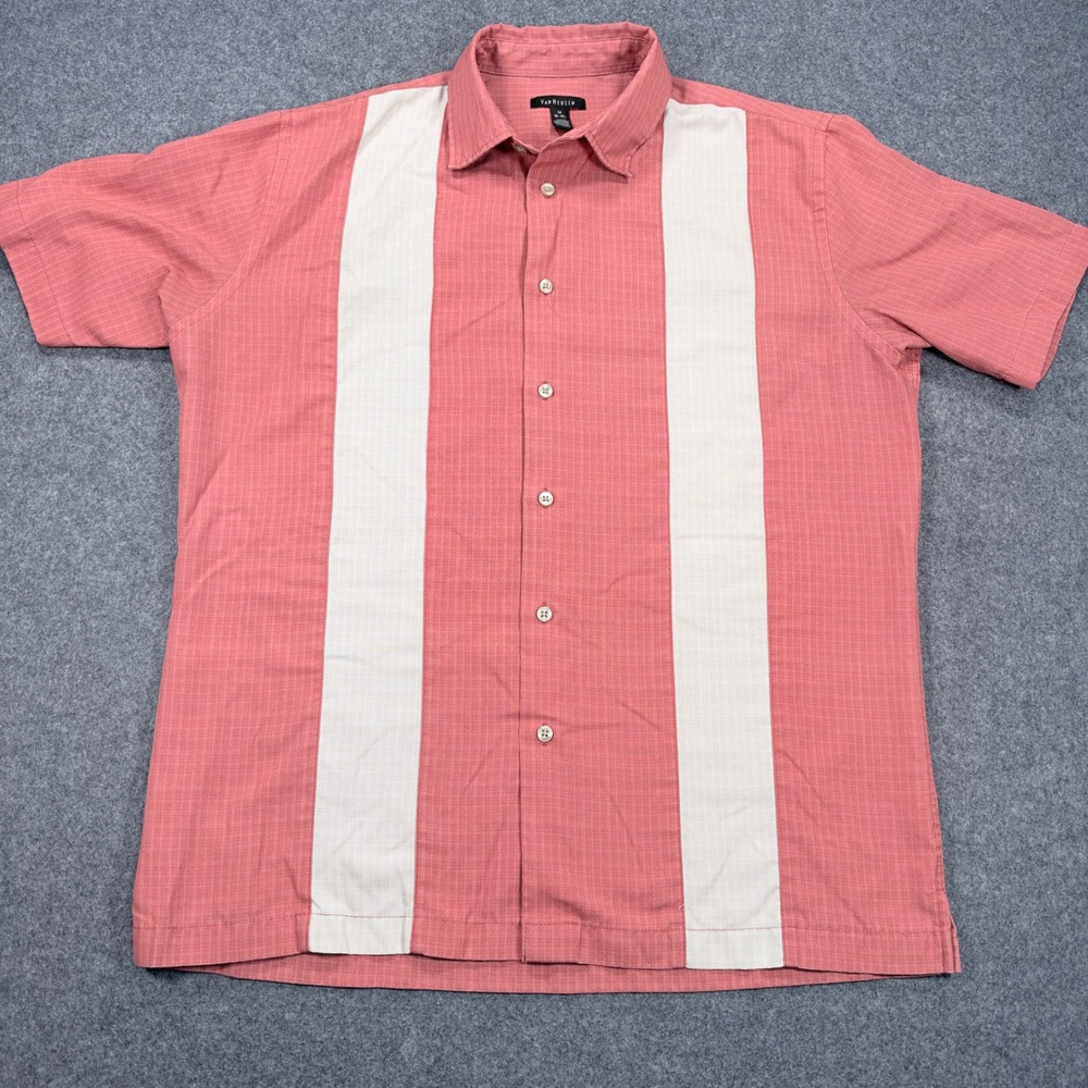 Van Heusen Mens Medium Short Sleeve Bowling Shirt Pink Cream Vertical Stripe